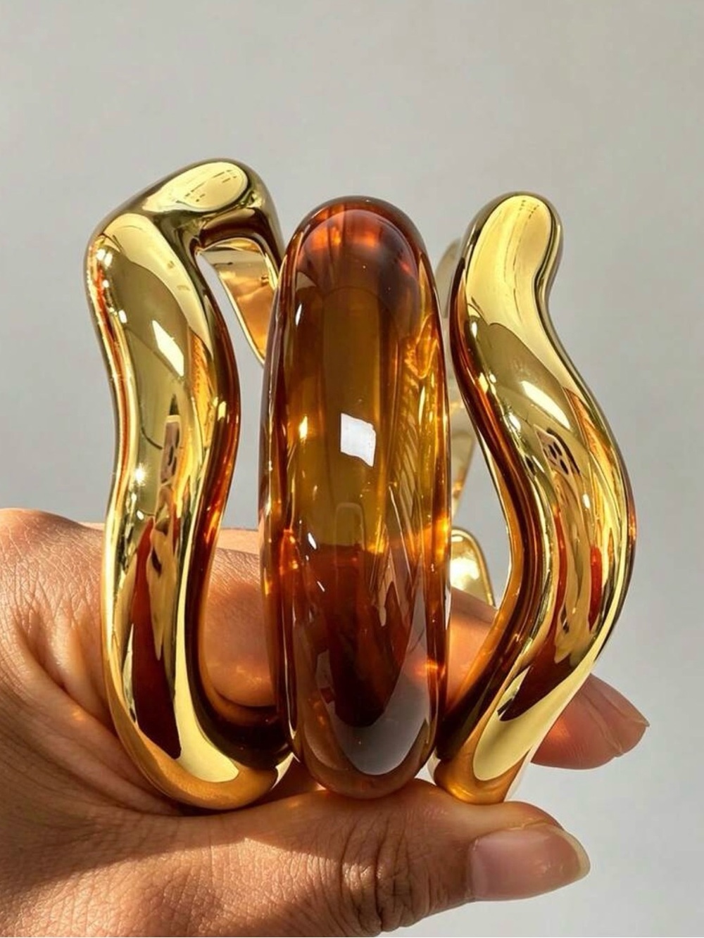 Gold & Amber Resin Sculptural Bangle Bracelet